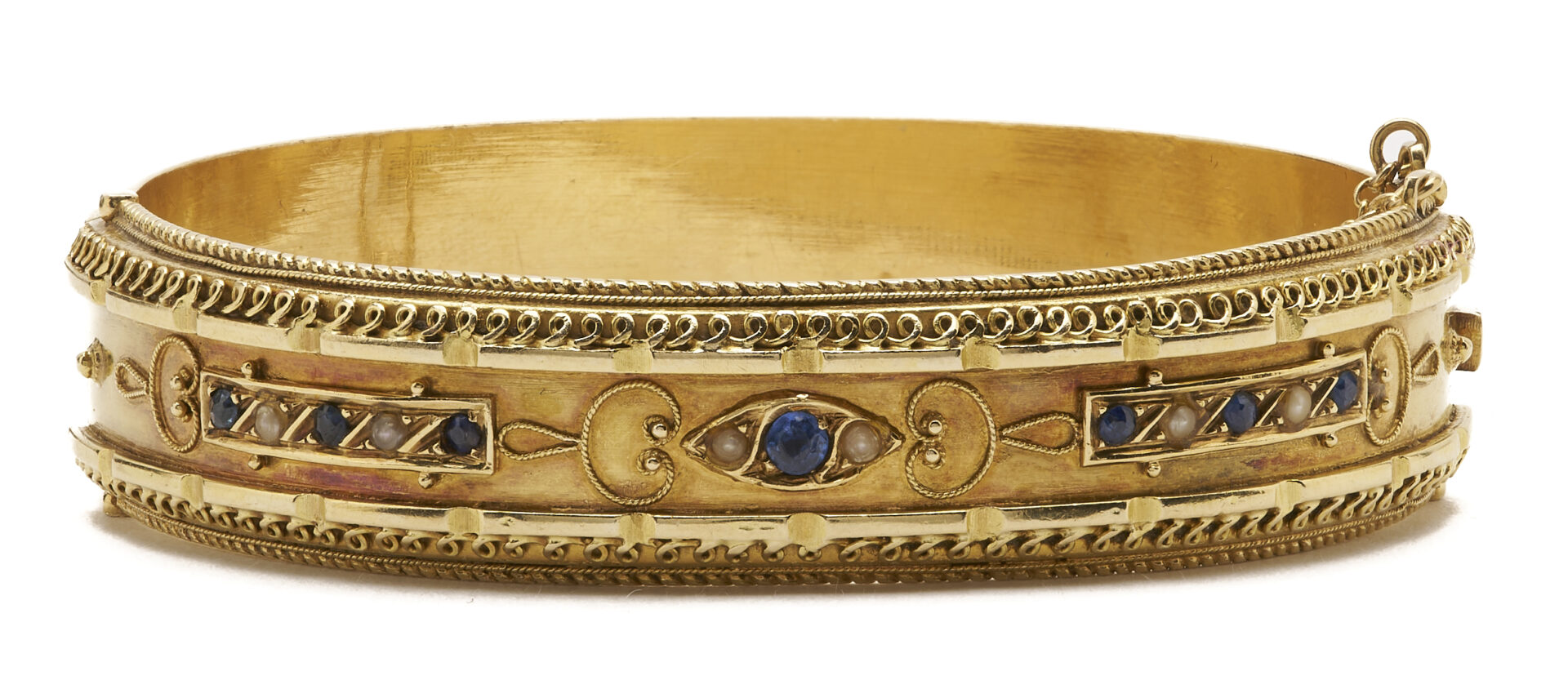 Lot 320: 15K Gold Victorian Sapphire & Pearl Cuff Bracelet