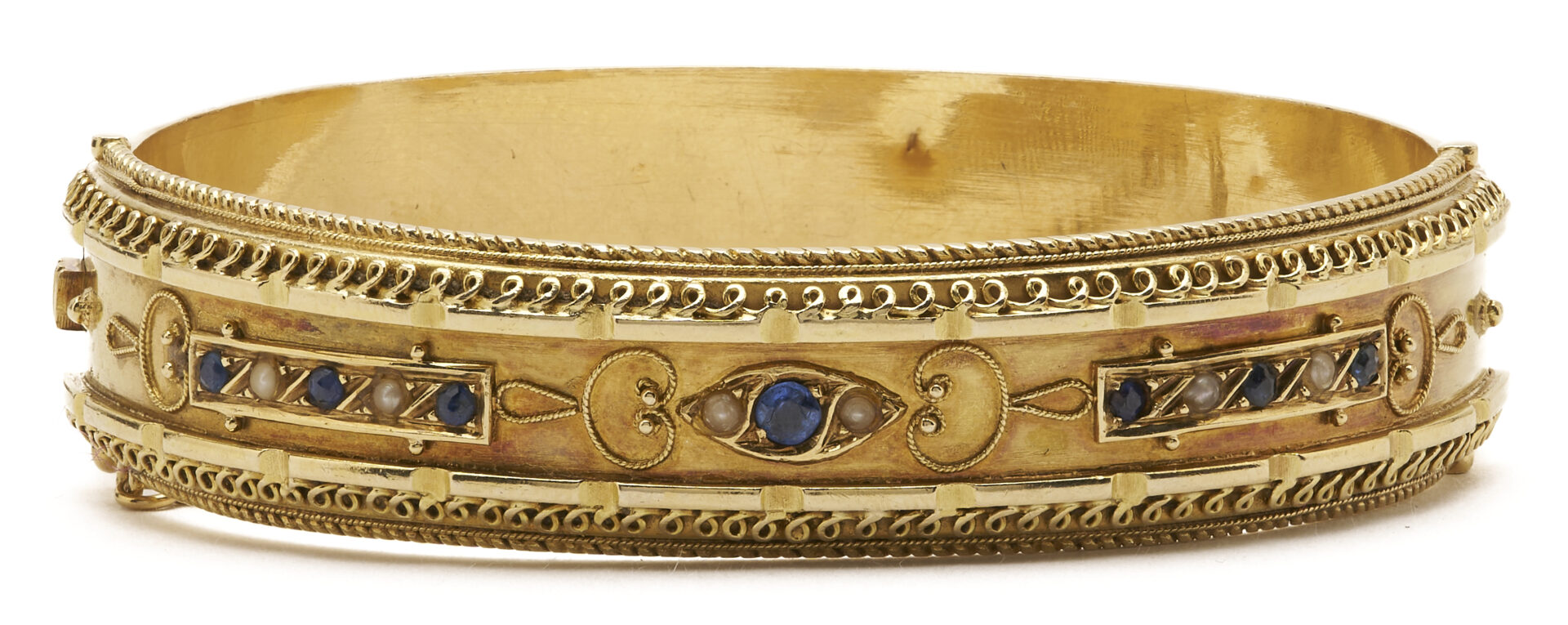 Lot 320: 15K Gold Victorian Sapphire & Pearl Cuff Bracelet