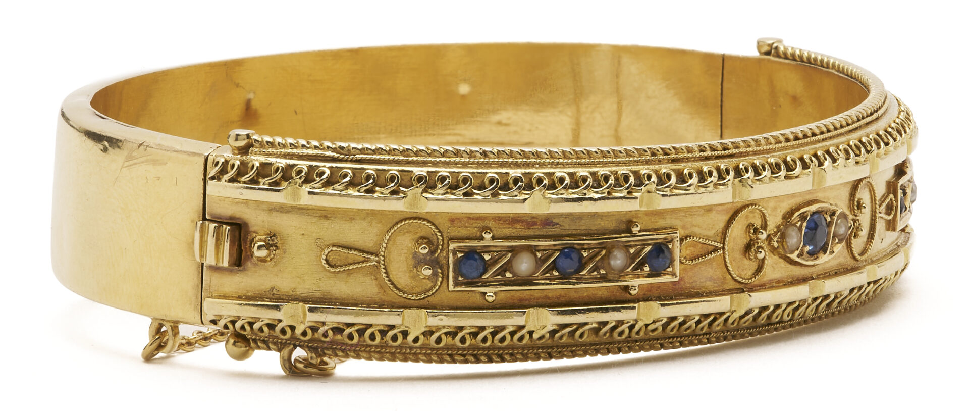 Lot 320: 15K Gold Victorian Sapphire & Pearl Cuff Bracelet