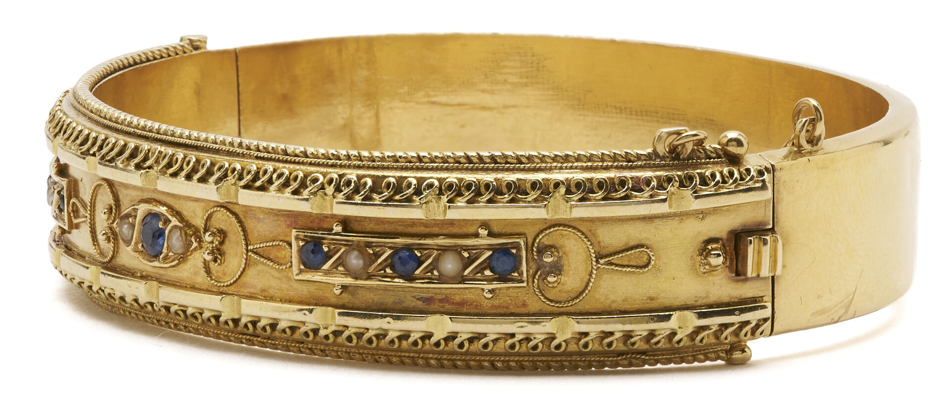 Lot 320: 15K Gold Victorian Sapphire & Pearl Cuff Bracelet