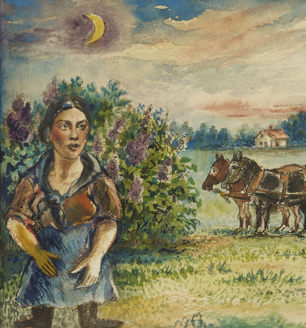 Lot 336: David Burliuk Farm Scene W/C Landscape Painting, Haymaking