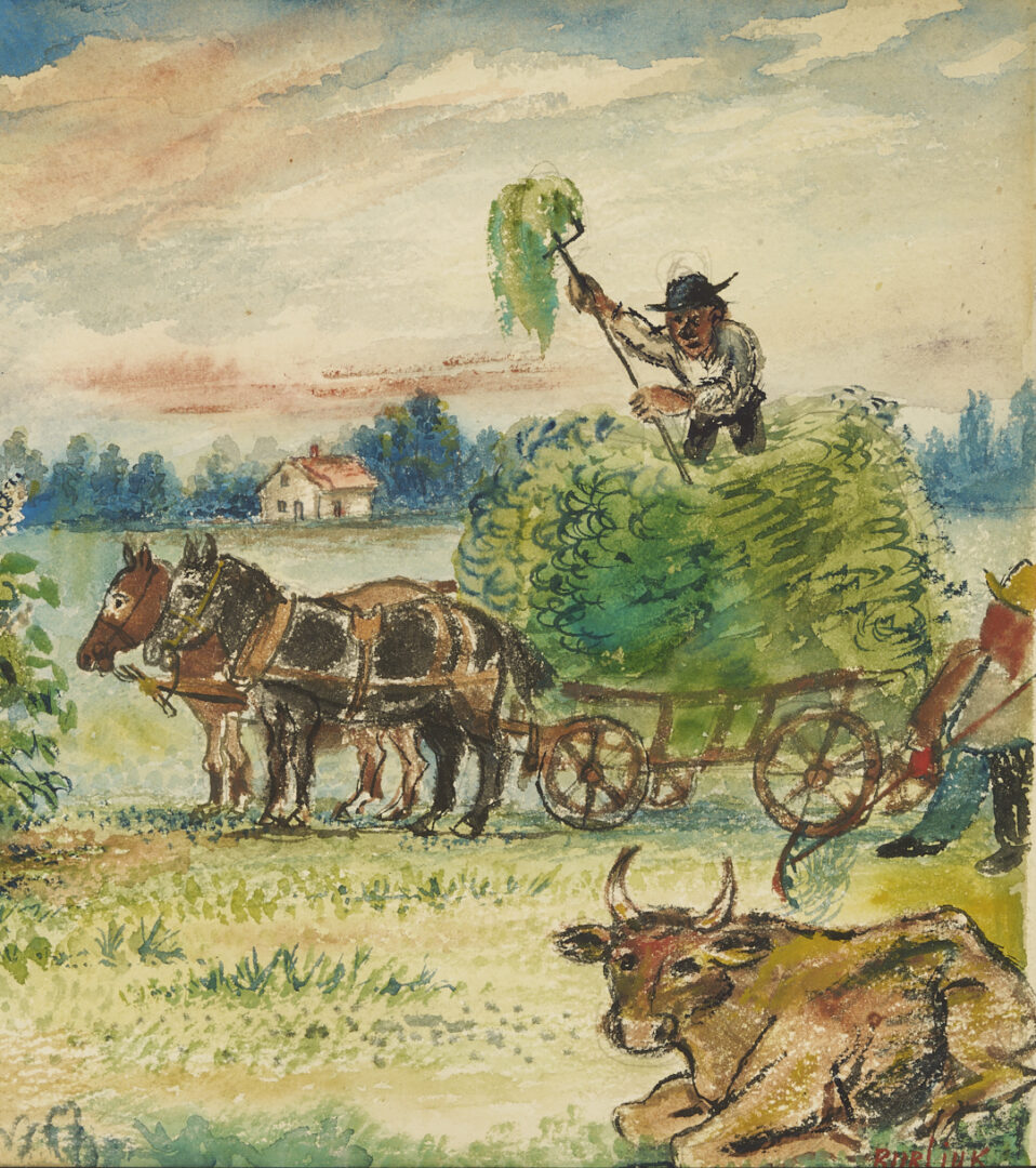 Lot 336: David Burliuk Farm Scene W/C Landscape Painting, Haymaking