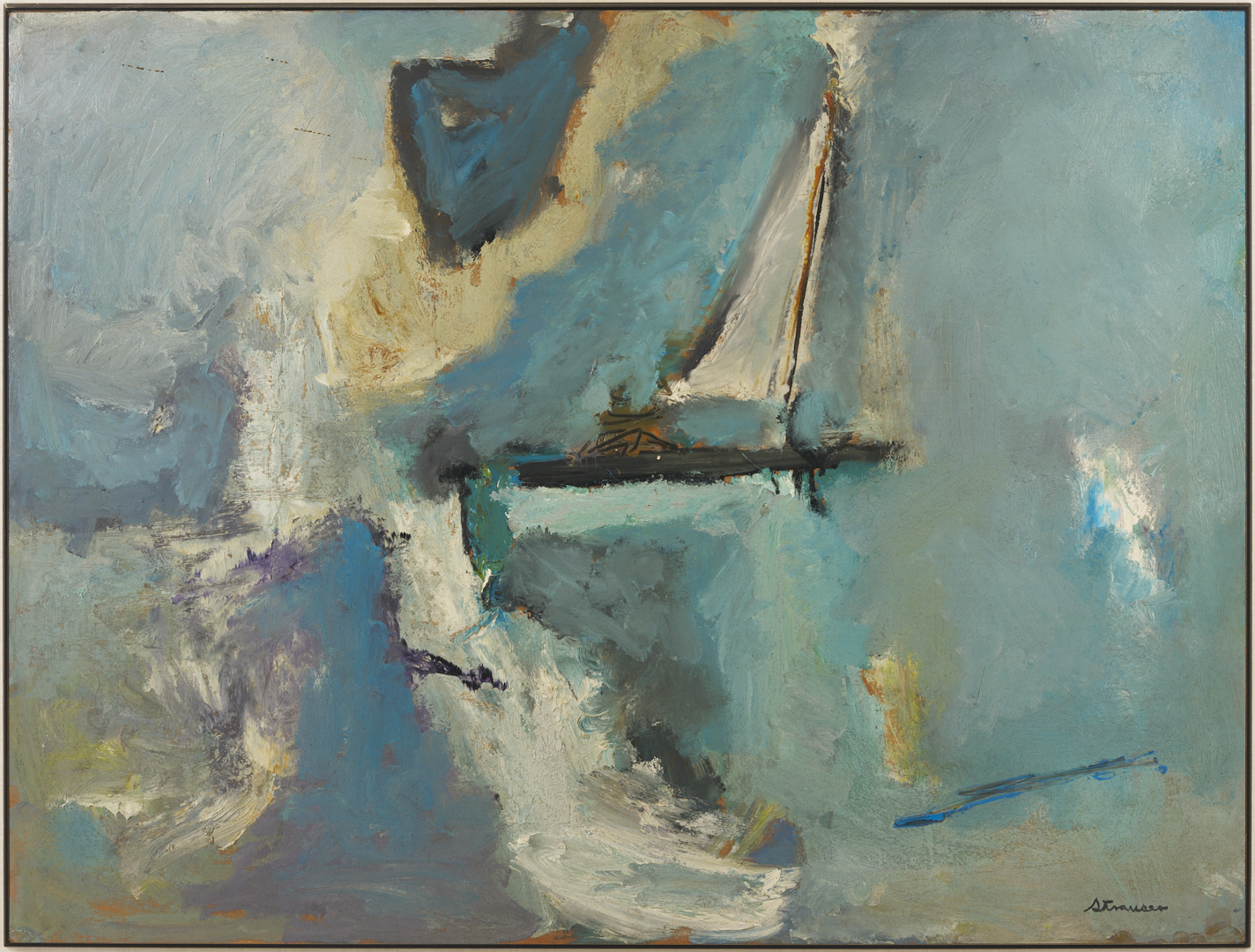 Lot 338: Large Sterling Strauser Expressionist Painting w/ Sailboat