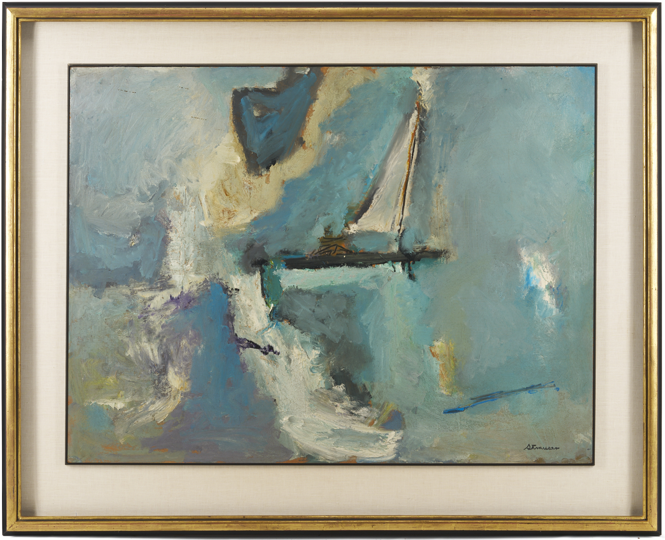 Lot 338: Large Sterling Strauser Expressionist Painting w/ Sailboat