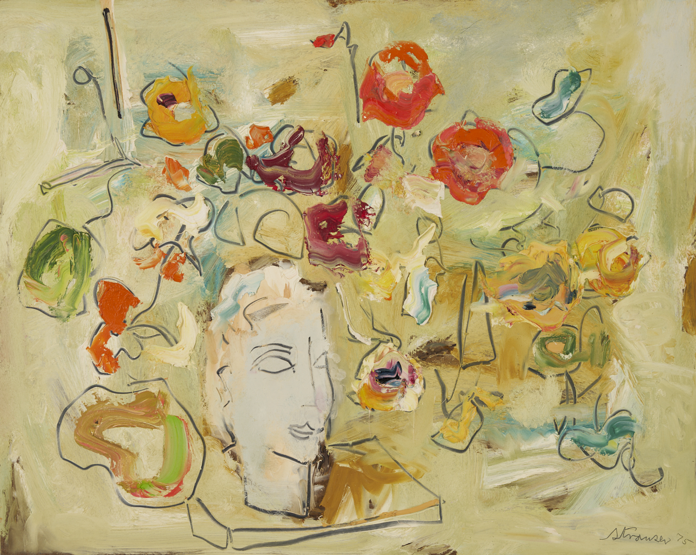 Lot 339: Sterling Strauser O/B Flowers in Figural Vase