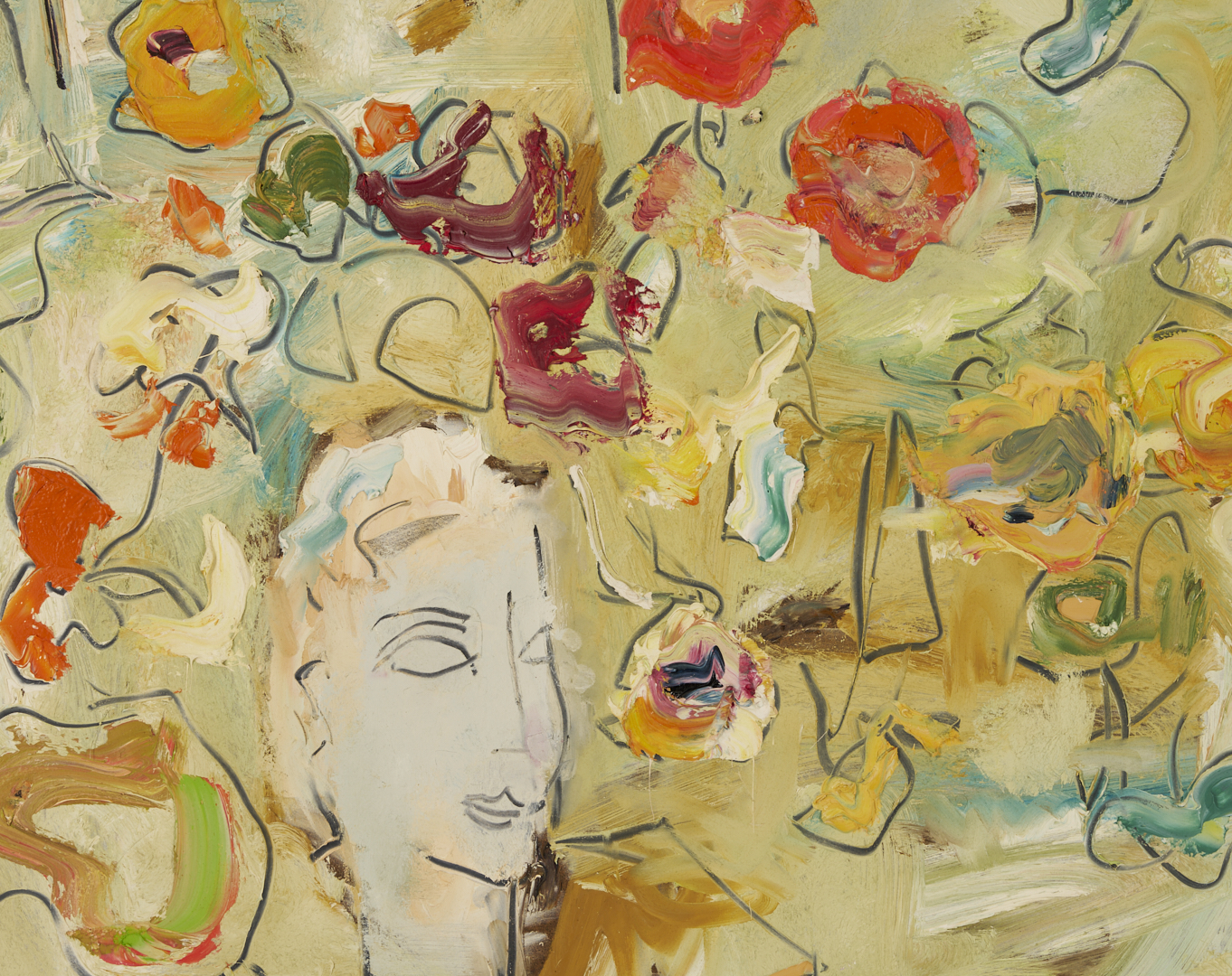 Lot 339: Sterling Strauser O/B Flowers in Figural Vase