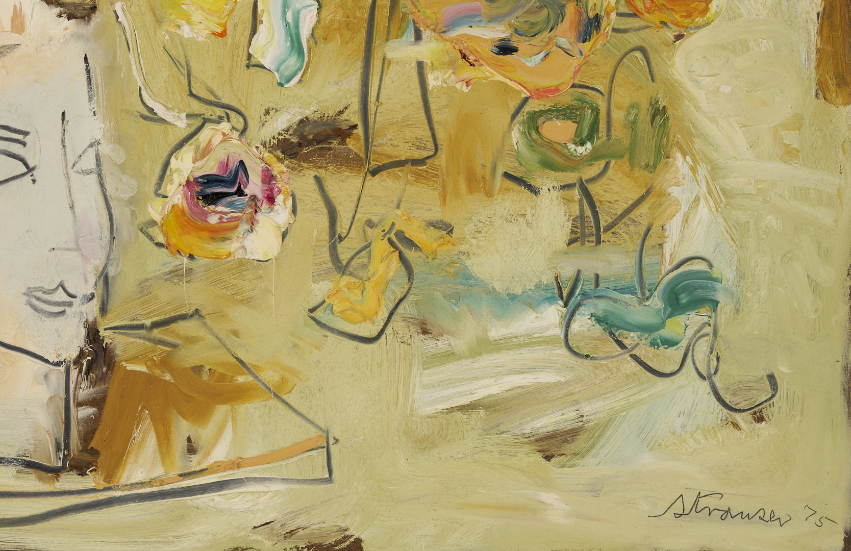 Lot 339: Sterling Strauser O/B Flowers in Figural Vase