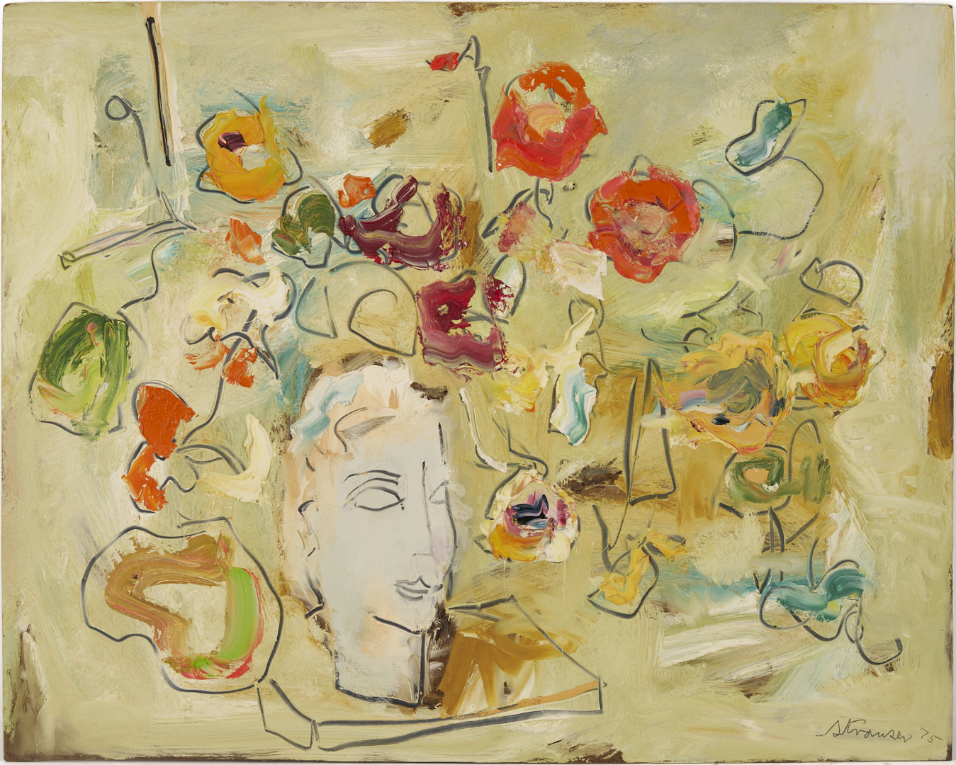 Lot 339: Sterling Strauser O/B Flowers in Figural Vase