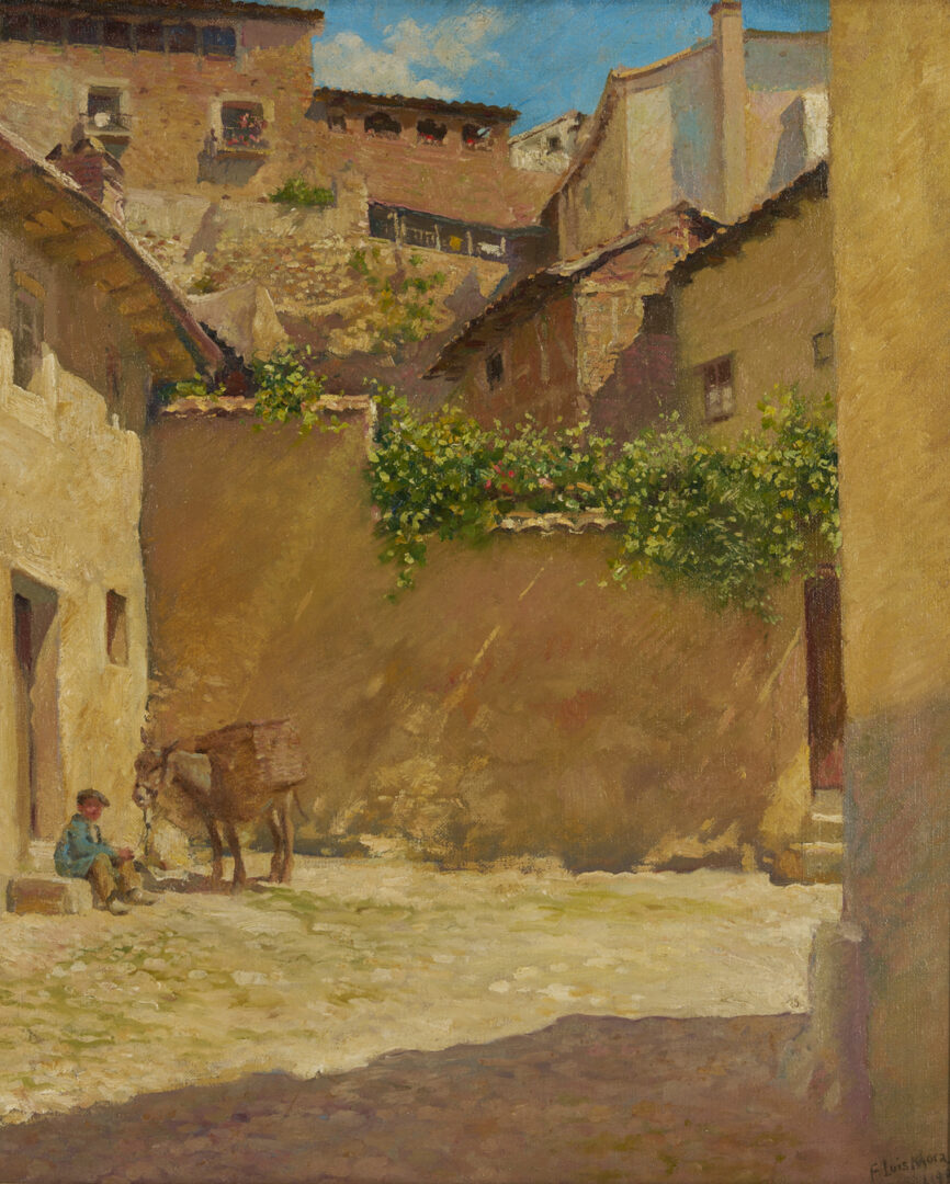 Lot 351: F. Luis Mora O/C Spanish Village Street Scene Painting
