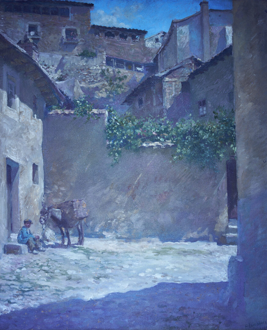 Lot 351: F. Luis Mora O/C Spanish Village Street Scene Painting