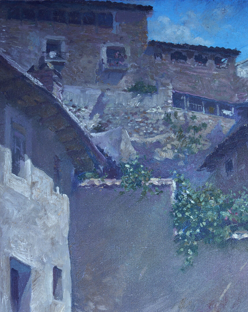 Lot 351: F. Luis Mora O/C Spanish Village Street Scene Painting