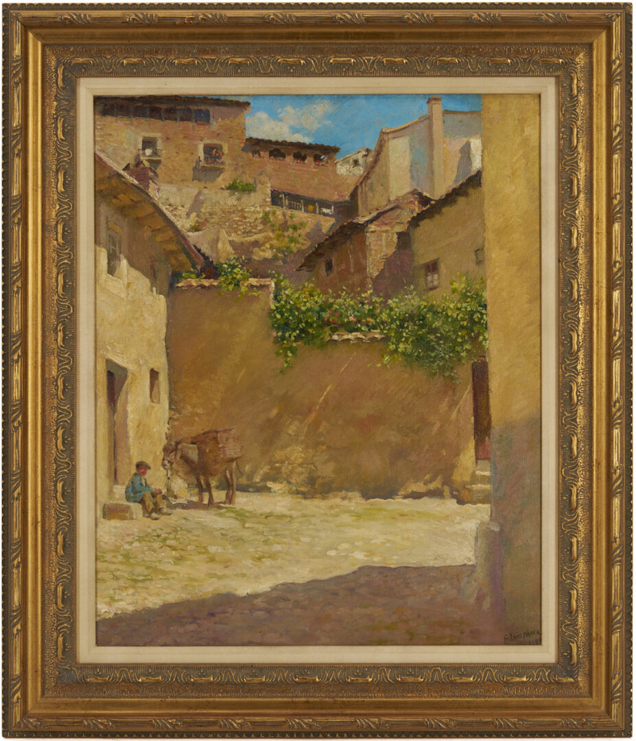 Lot 351: F. Luis Mora O/C Spanish Village Street Scene Painting