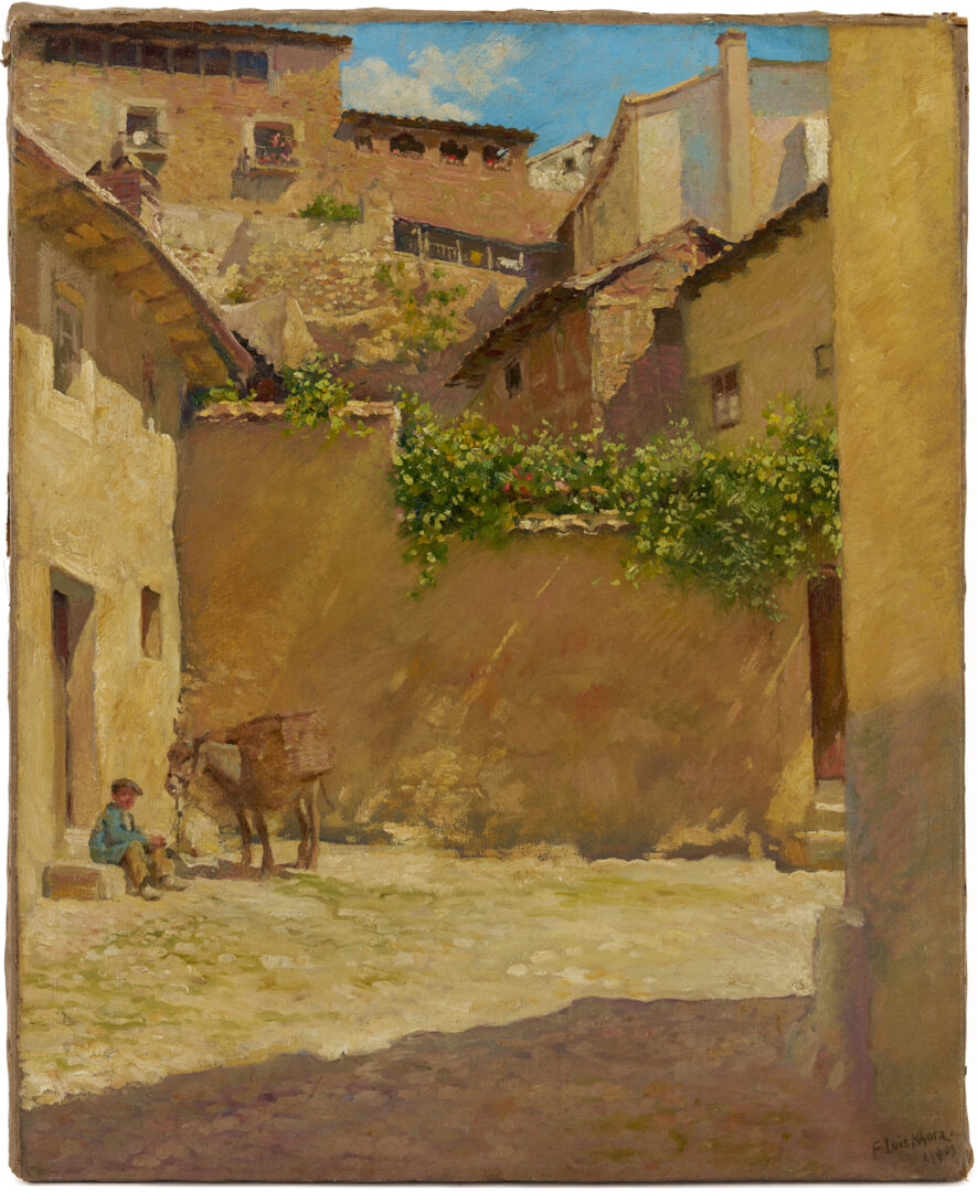 Lot 351: F. Luis Mora O/C Spanish Village Street Scene Painting