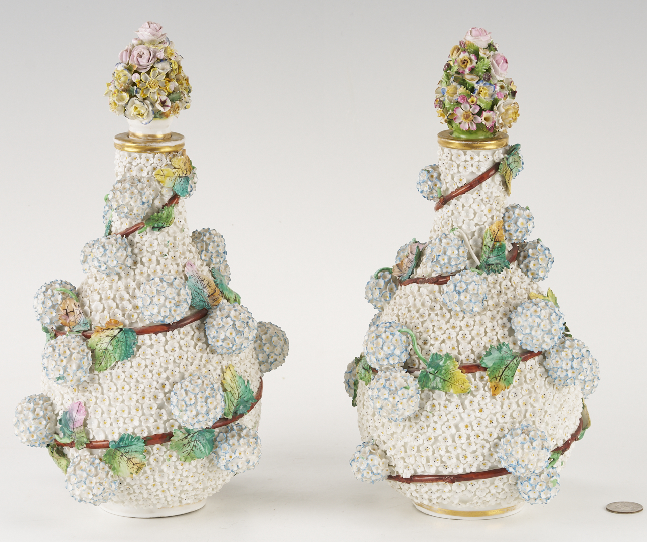 Lot 355: Pr. Meissen or Meissen Style Schneeballen Bottle Vases