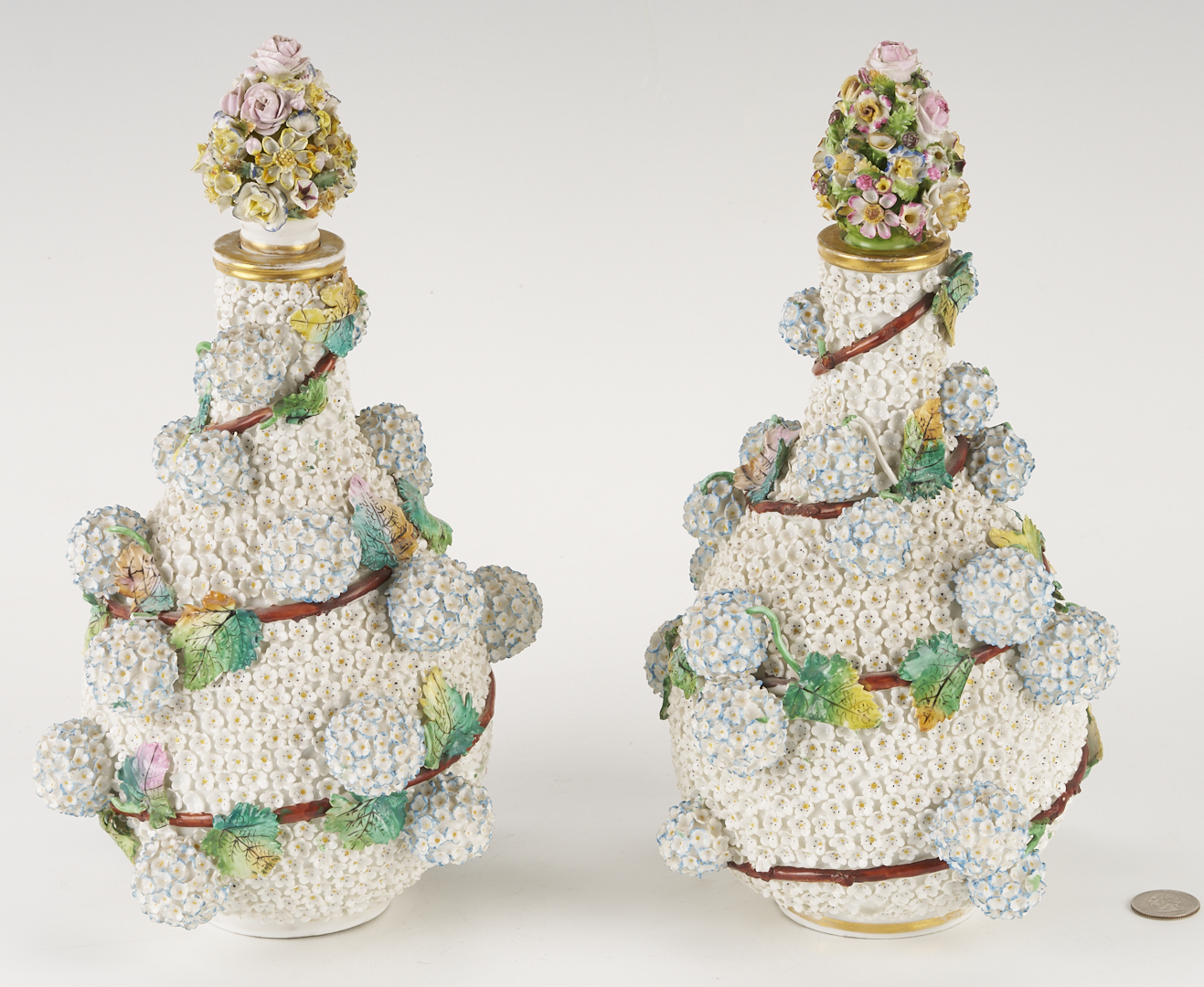 Lot 355: Pr. Meissen or Meissen Style Schneeballen Bottle Vases