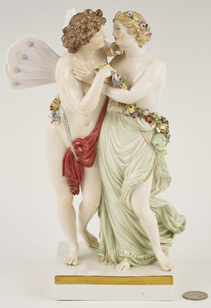 Lot 356: Meissen Porcelain Figurine, Eros and Psyche, plus Lamp
