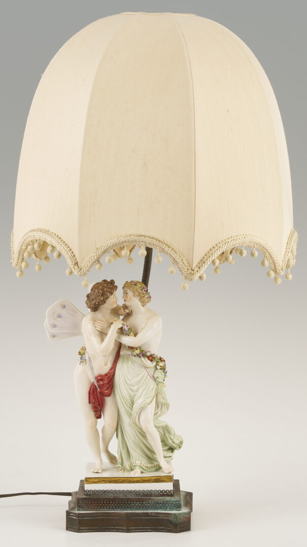 Lot 356: Meissen Porcelain Figurine, Eros and Psyche, plus Lamp