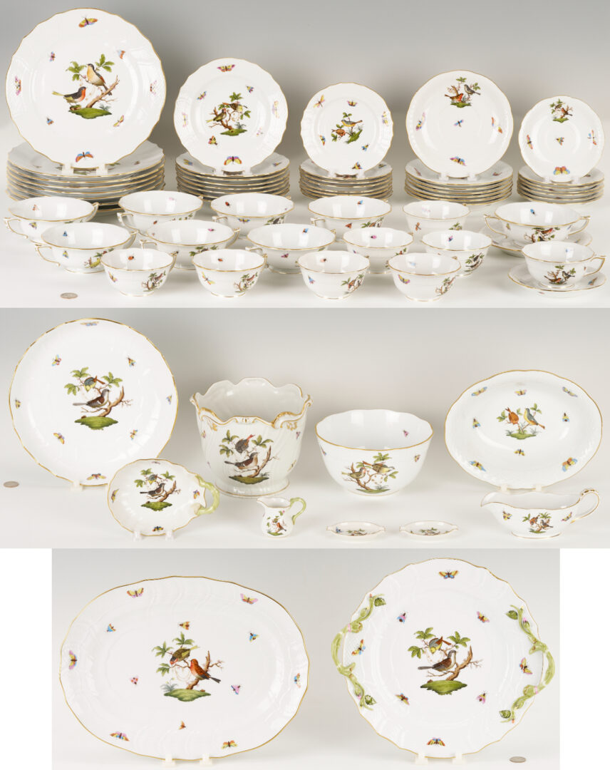 Lot 361: Herend Rothschild Bird Porcelain Dinnerware Service, 69 Pcs.