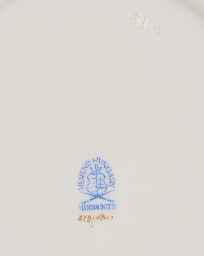 Lot 362: 13 Pcs. Herend Porcelain, 12 Queen Victoria Salad Plates & 1 Rothschild Bird Open Weave Basket,