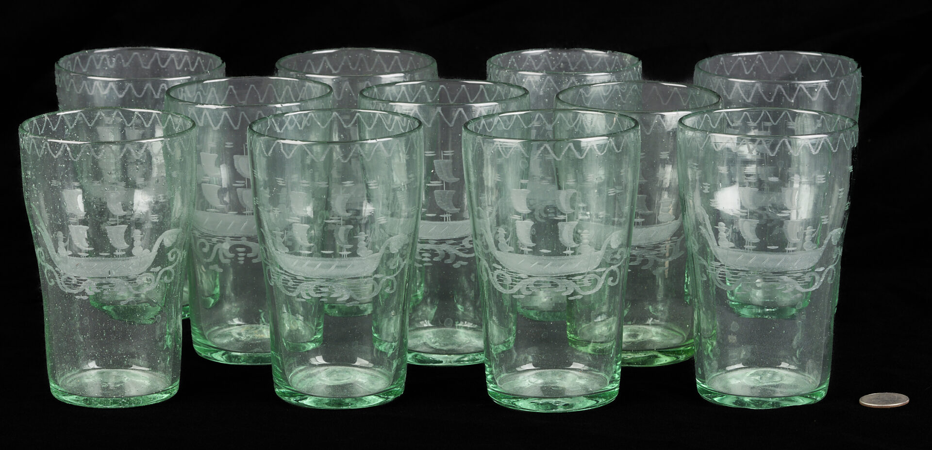Lot 364: 11 Steigel Type Flip Glass Tumblers w/ Etched Ship Decoration