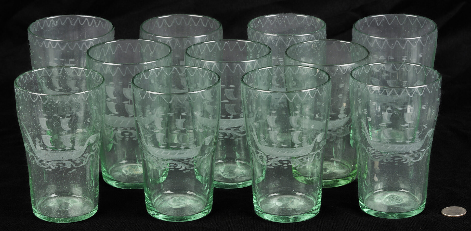 Lot 364: 11 Steigel Type Flip Glass Tumblers w/ Etched Ship Decoration