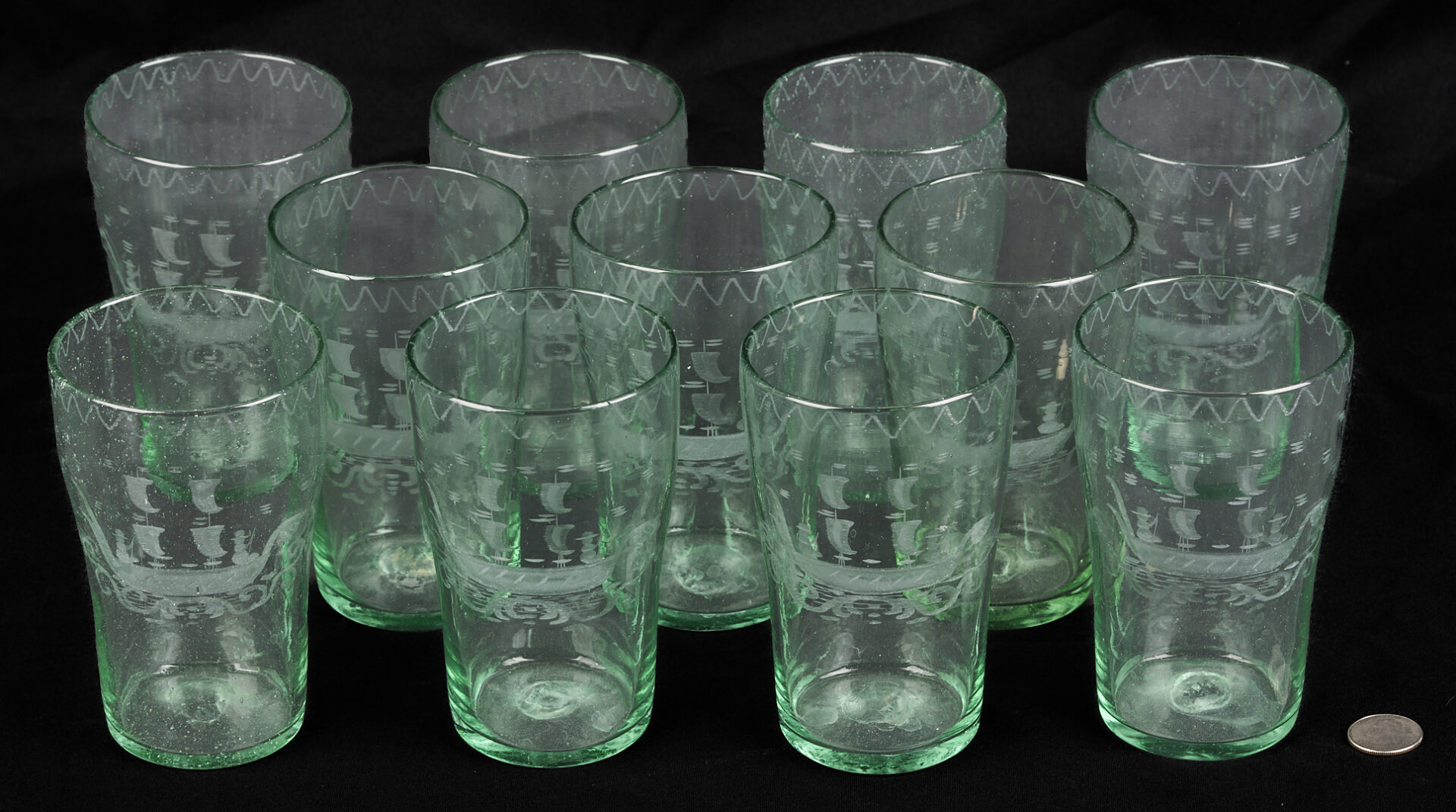 Lot 364: 11 Steigel Type Flip Glass Tumblers w/ Etched Ship Decoration