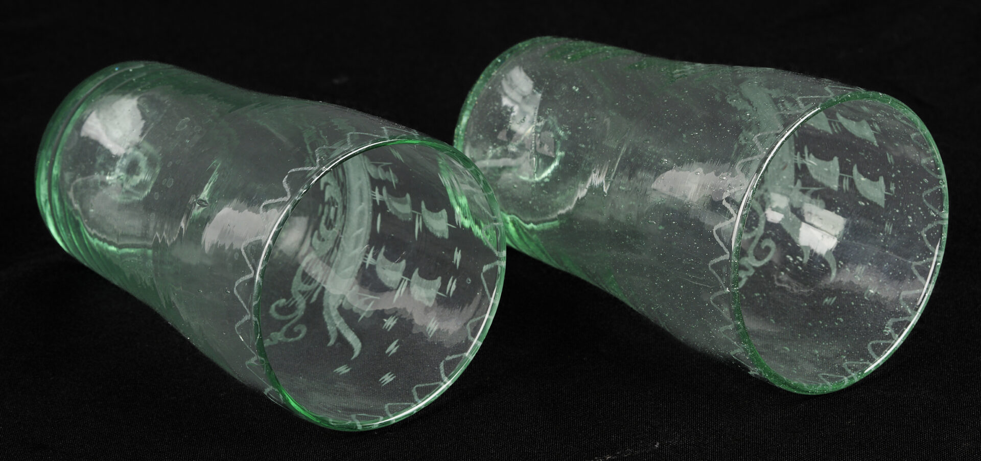 Lot 364: 11 Steigel Type Flip Glass Tumblers w/ Etched Ship Decoration