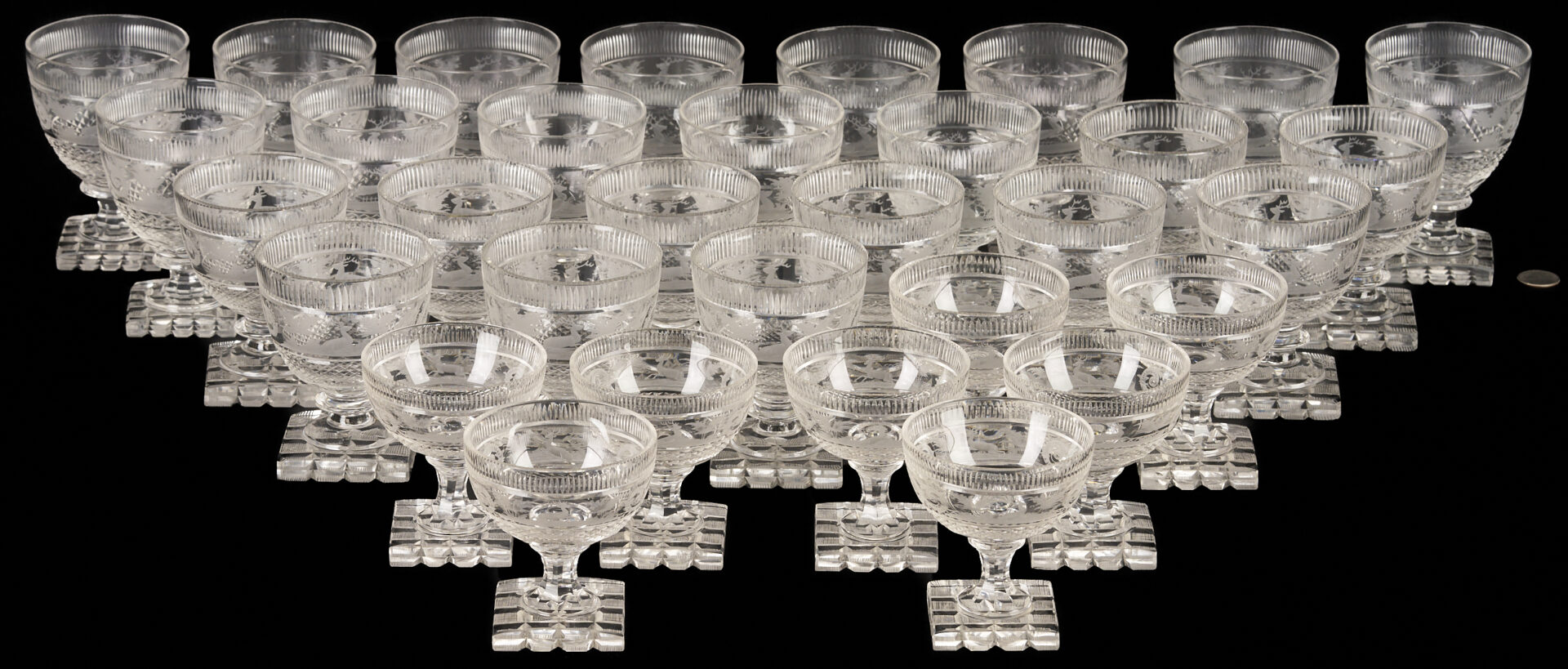 Lot 367: 32 Hunt Scene Engraved Crystal Goblets