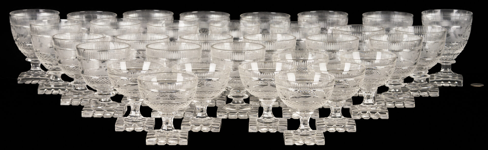 Lot 367: 32 Hunt Scene Engraved Crystal Goblets