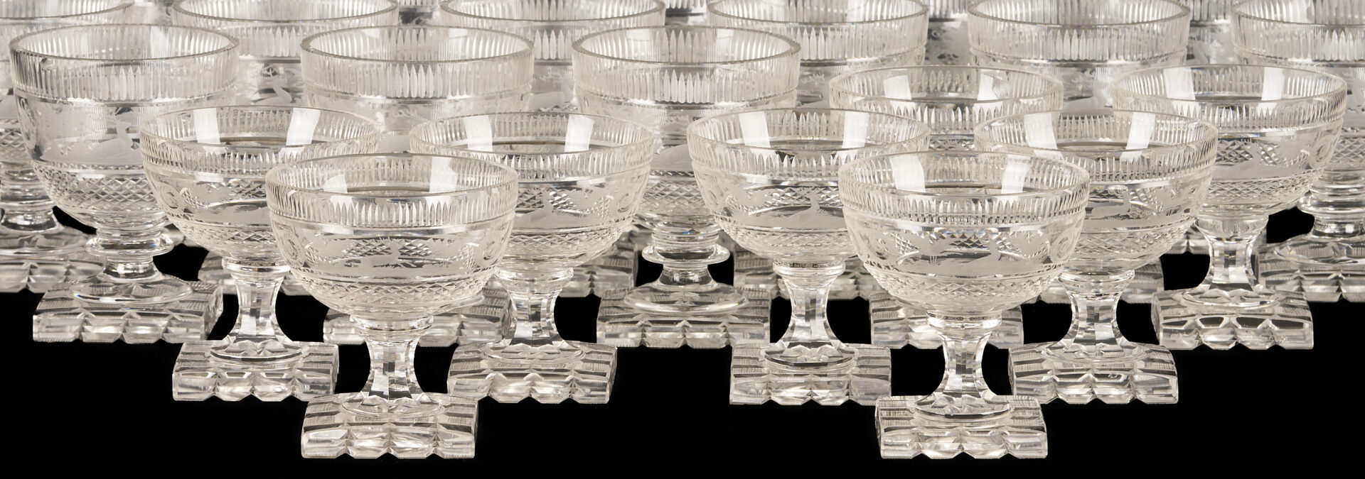Lot 367: 32 Hunt Scene Engraved Crystal Goblets