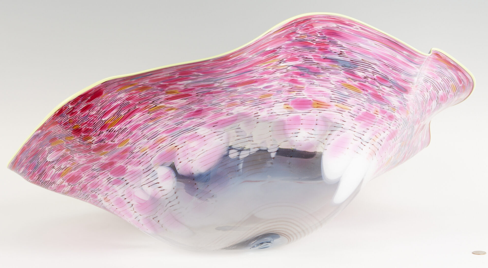 Lot 378: Dale Chihuly Macchia Art Glass Sculpture in Blue, Pink, & White w/ Yellow Lip