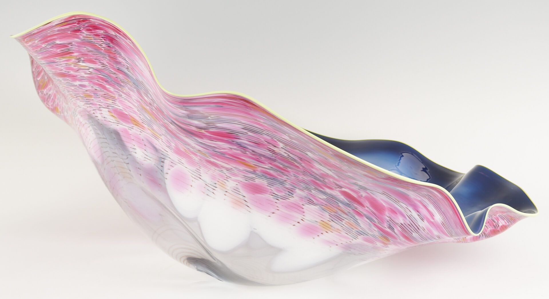 Lot 378: Dale Chihuly Macchia Art Glass Sculpture in Blue, Pink, & White w/ Yellow Lip