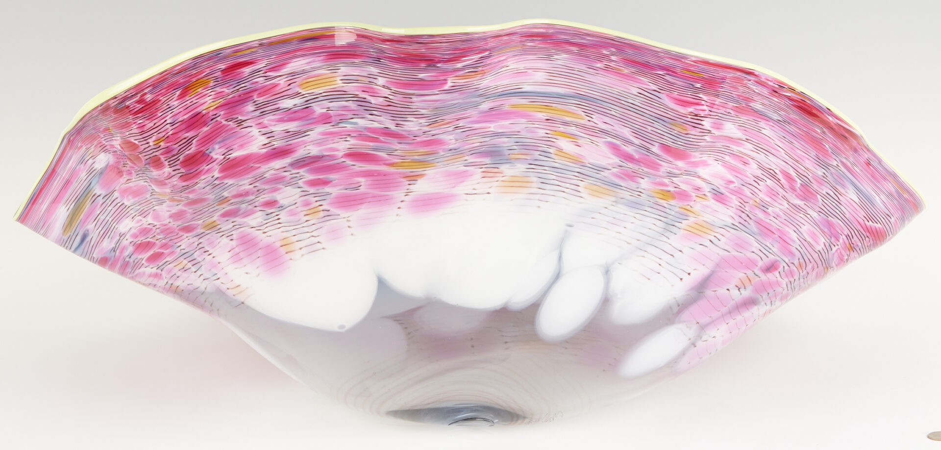 Lot 378: Dale Chihuly Macchia Art Glass Sculpture in Blue, Pink, & White w/ Yellow Lip