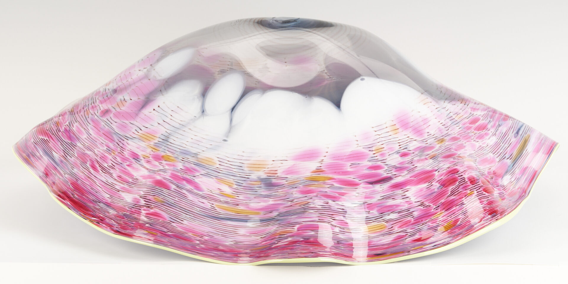 Lot 378: Dale Chihuly Macchia Art Glass Sculpture in Blue, Pink, & White w/ Yellow Lip