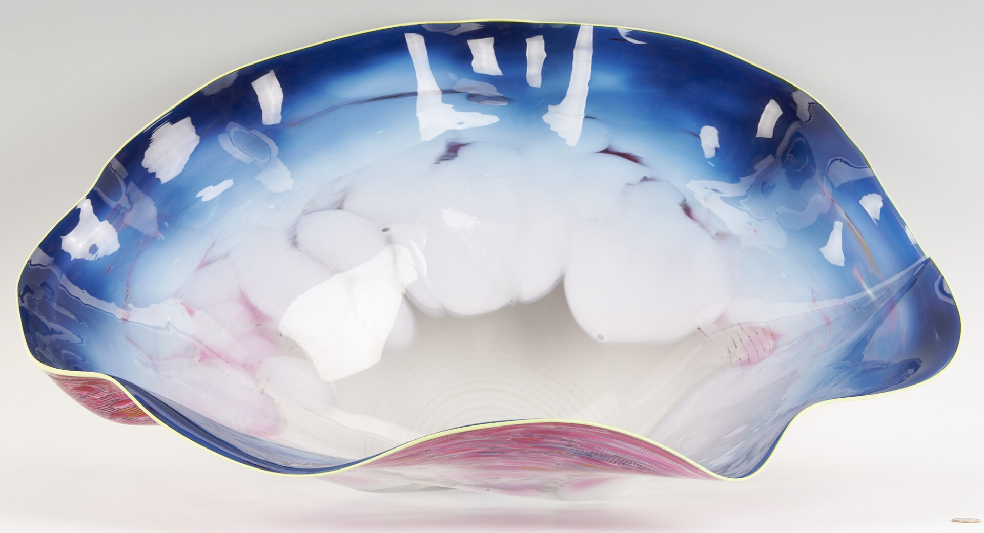 Lot 378: Dale Chihuly Macchia Art Glass Sculpture in Blue, Pink, & White w/ Yellow Lip