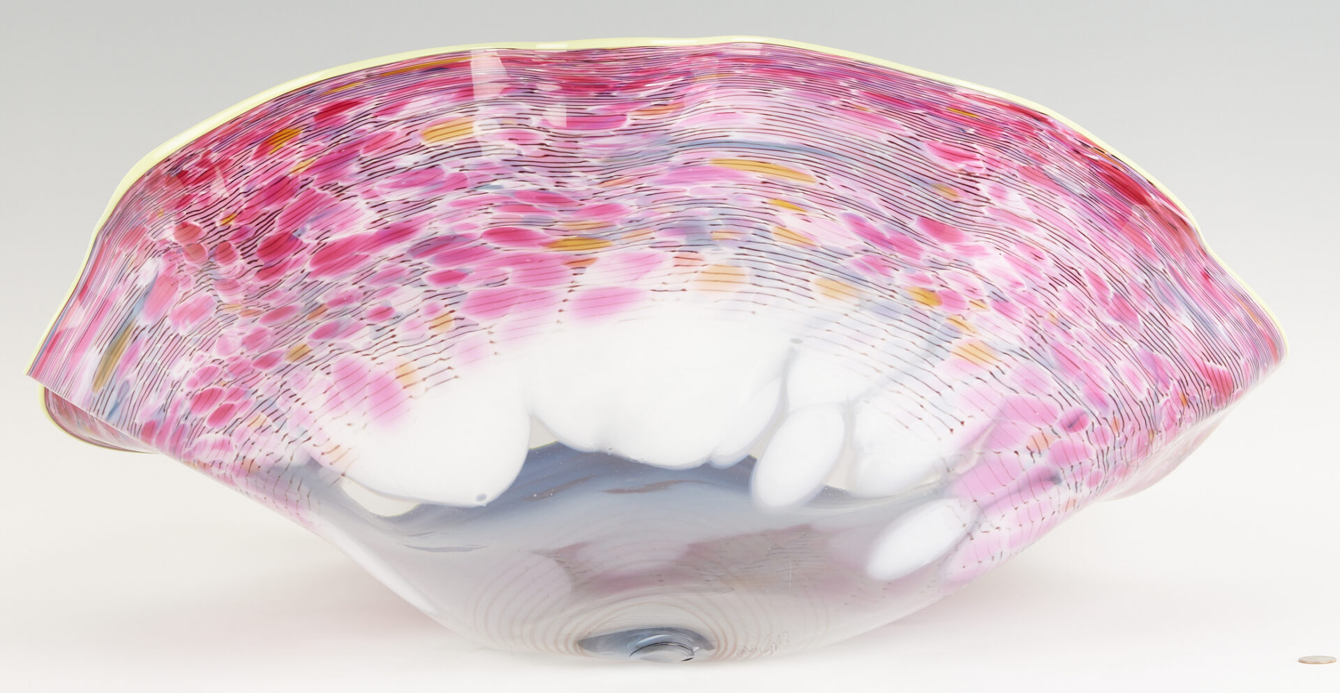 Lot 378: Dale Chihuly Macchia Art Glass Sculpture in Blue, Pink, & White w/ Yellow Lip