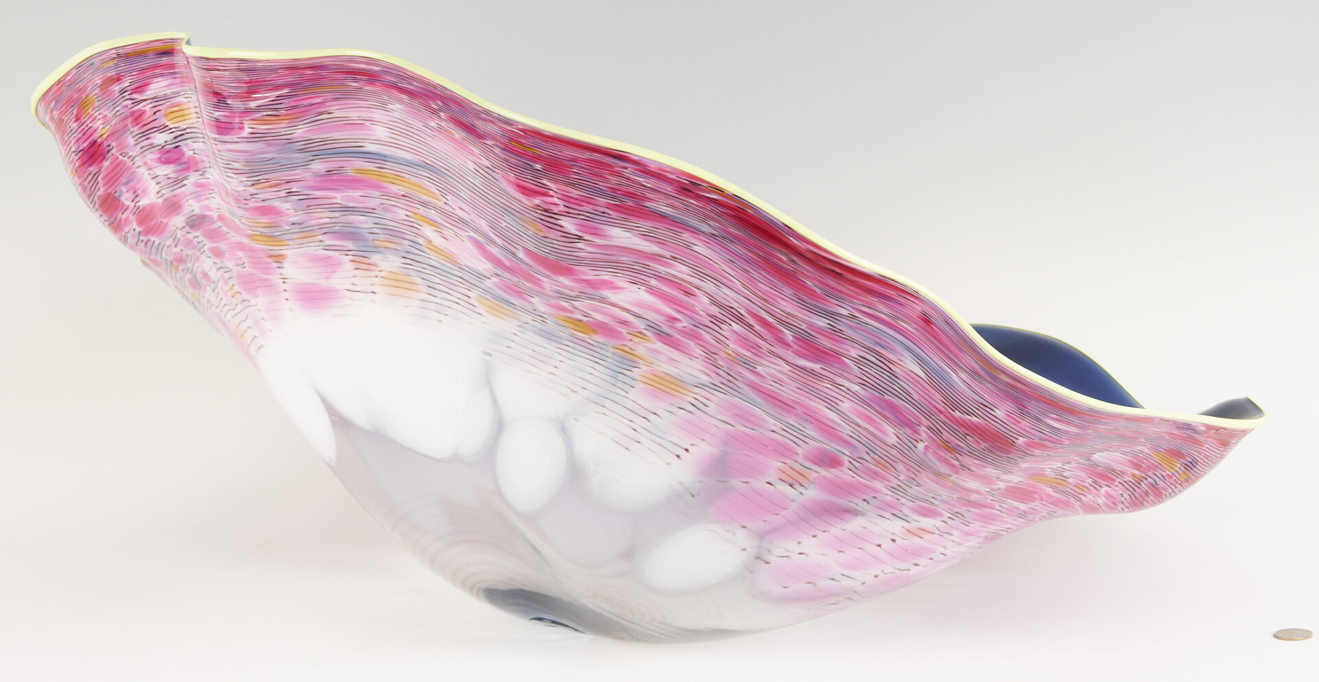 Lot 378: Dale Chihuly Macchia Art Glass Sculpture in Blue, Pink, & White w/ Yellow Lip