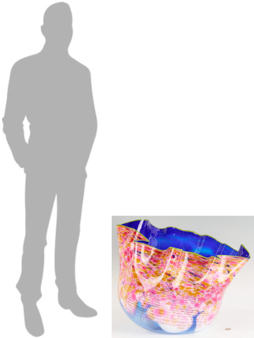 Lot 379: Dale Chihuly Art Glass Sculpture in Orange, Pink, and Blue w/ Green Lip