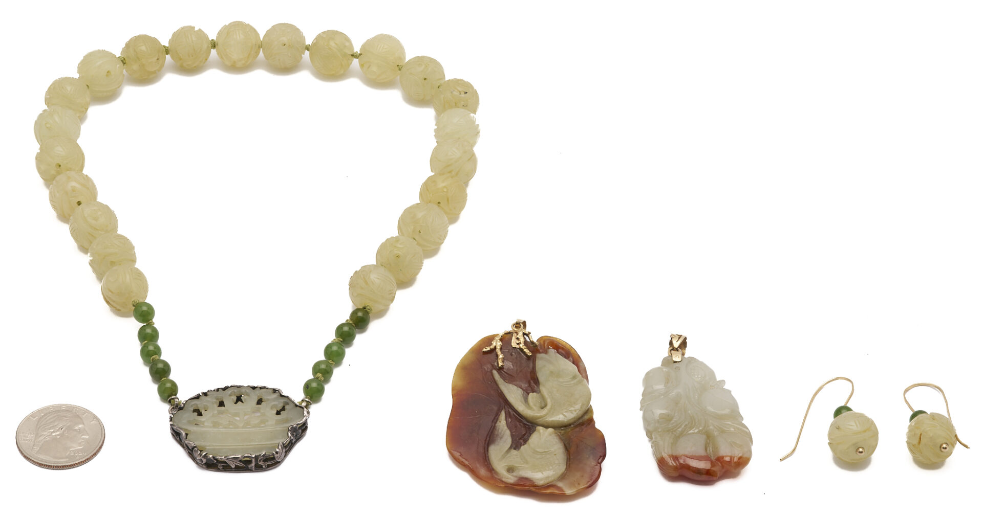 Lot 37: 5 Jade Items: Necklace, 2 Pendants, & Pair of Earrings