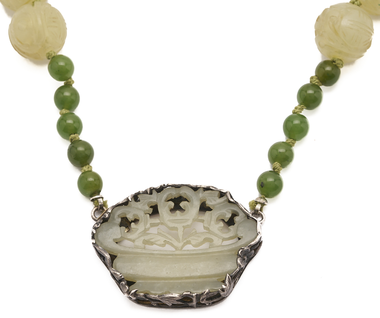 Lot 37: 5 Jade Items: Necklace, 2 Pendants, & Pair of Earrings