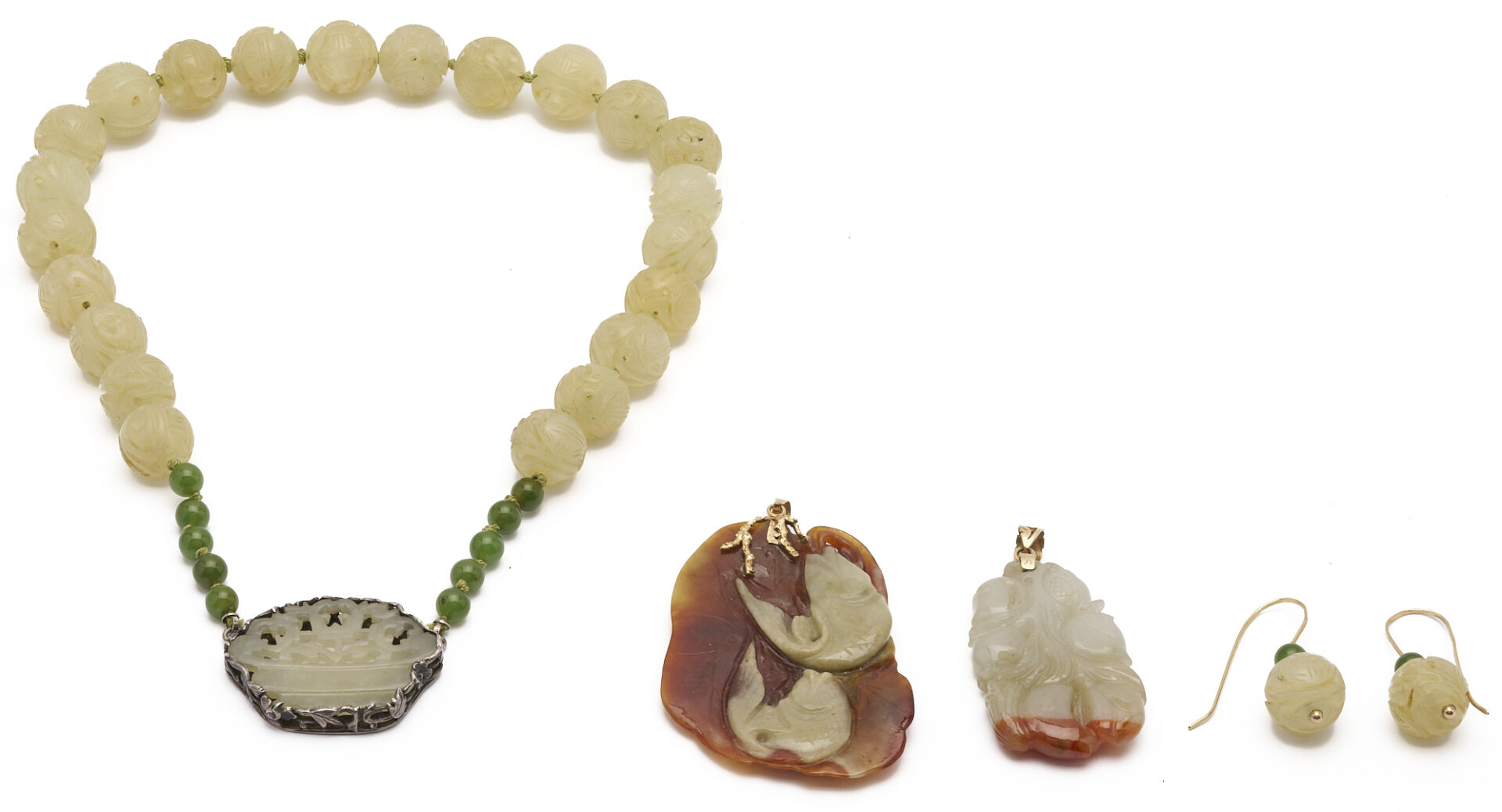 Lot 37: 5 Jade Items: Necklace, 2 Pendants, & Pair of Earrings