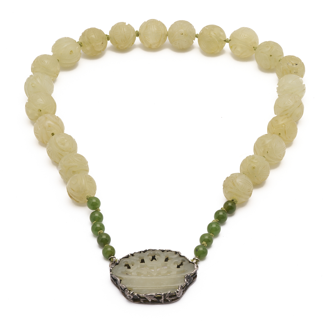 Lot 37: 5 Jade Items: Necklace, 2 Pendants, & Pair of Earrings