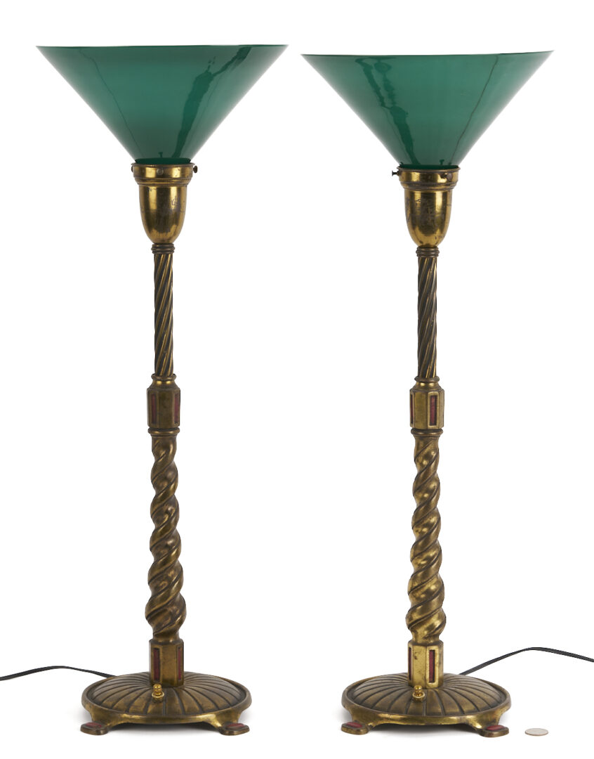 Lot 384: Pair Bradley & Hubbard Art Deco Lamps, Green Shades