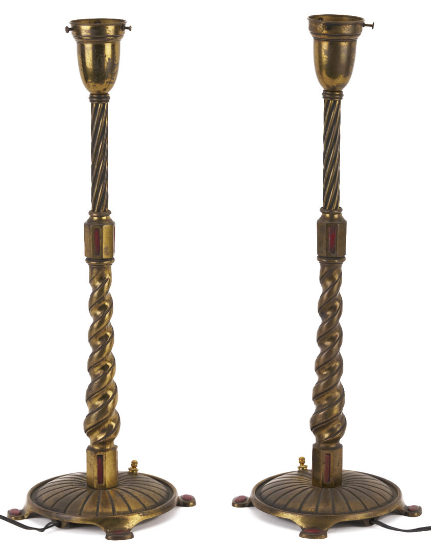 Lot 384: Pair Bradley & Hubbard Art Deco Lamps, Green Shades