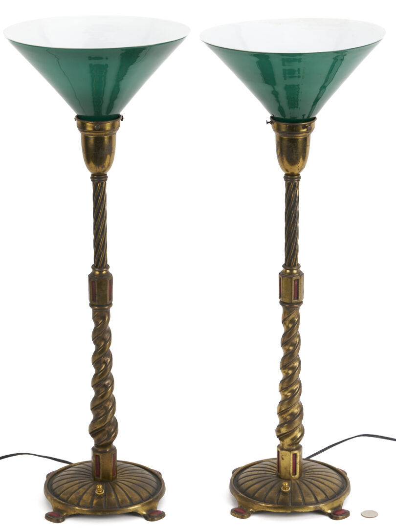 Lot 384: Pair Bradley & Hubbard Art Deco Lamps, Green Shades