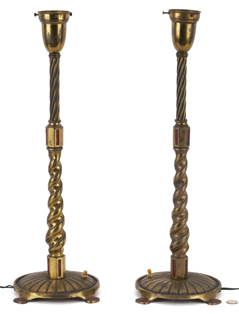 Lot 384: Pair Bradley & Hubbard Art Deco Lamps, Green Shades