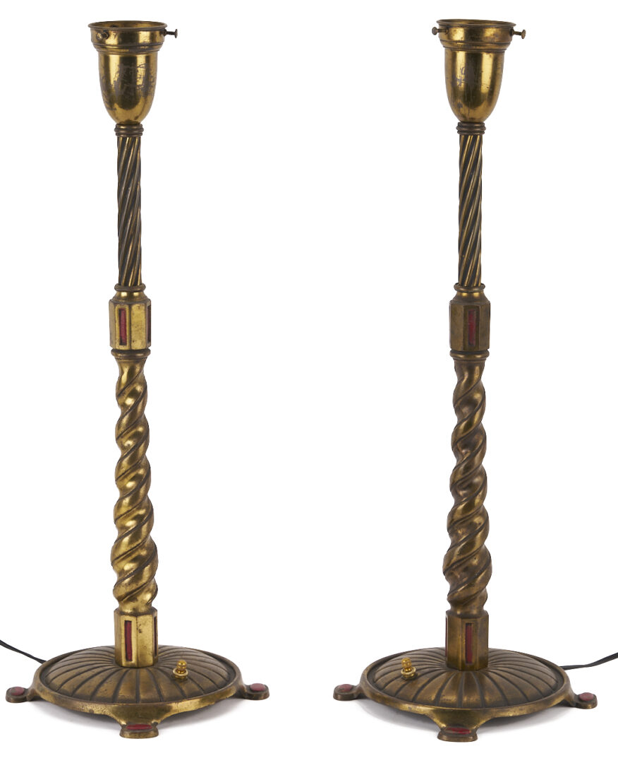 Lot 384: Pair Bradley & Hubbard Art Deco Lamps, Green Shades