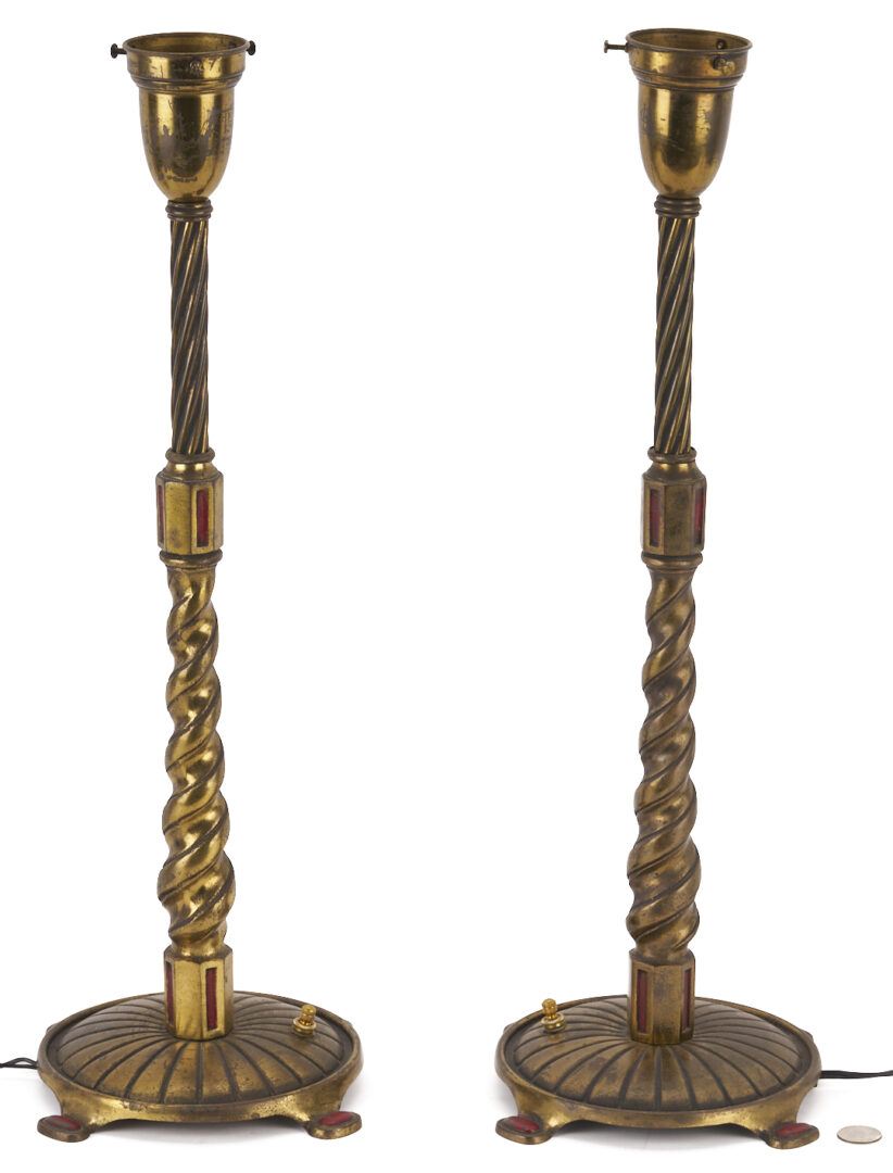 Lot 384: Pair Bradley & Hubbard Art Deco Lamps, Green Shades