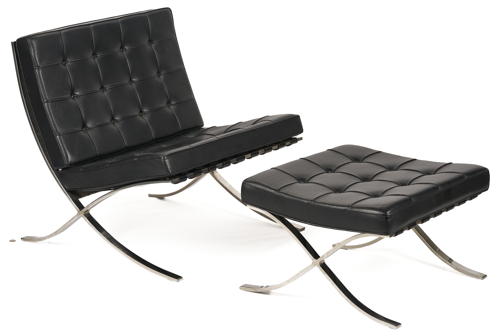 Lot 389: Labeled Knoll Barcelona Chair & Stool, 1 of 3, Mies van der Rohe Design