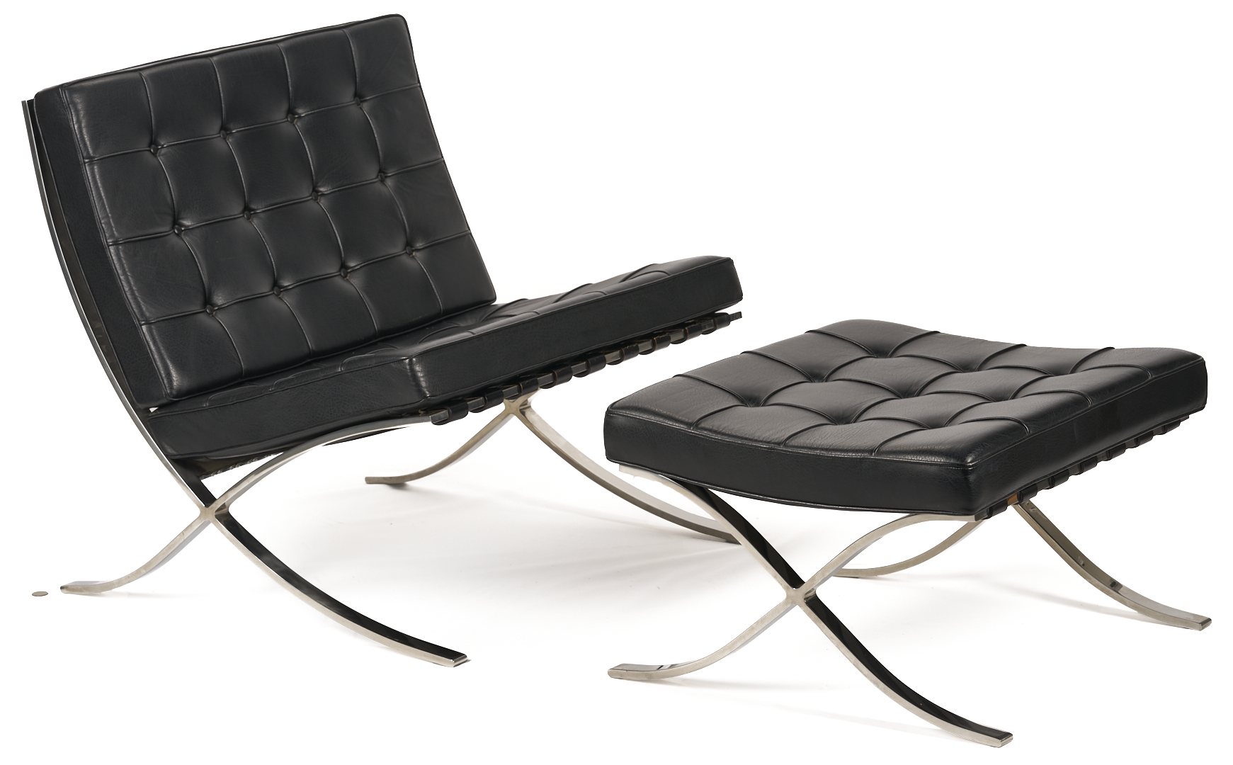 Lot 389: Labeled Knoll Barcelona Chair & Stool, 1 of 3, Mies van der Rohe Design